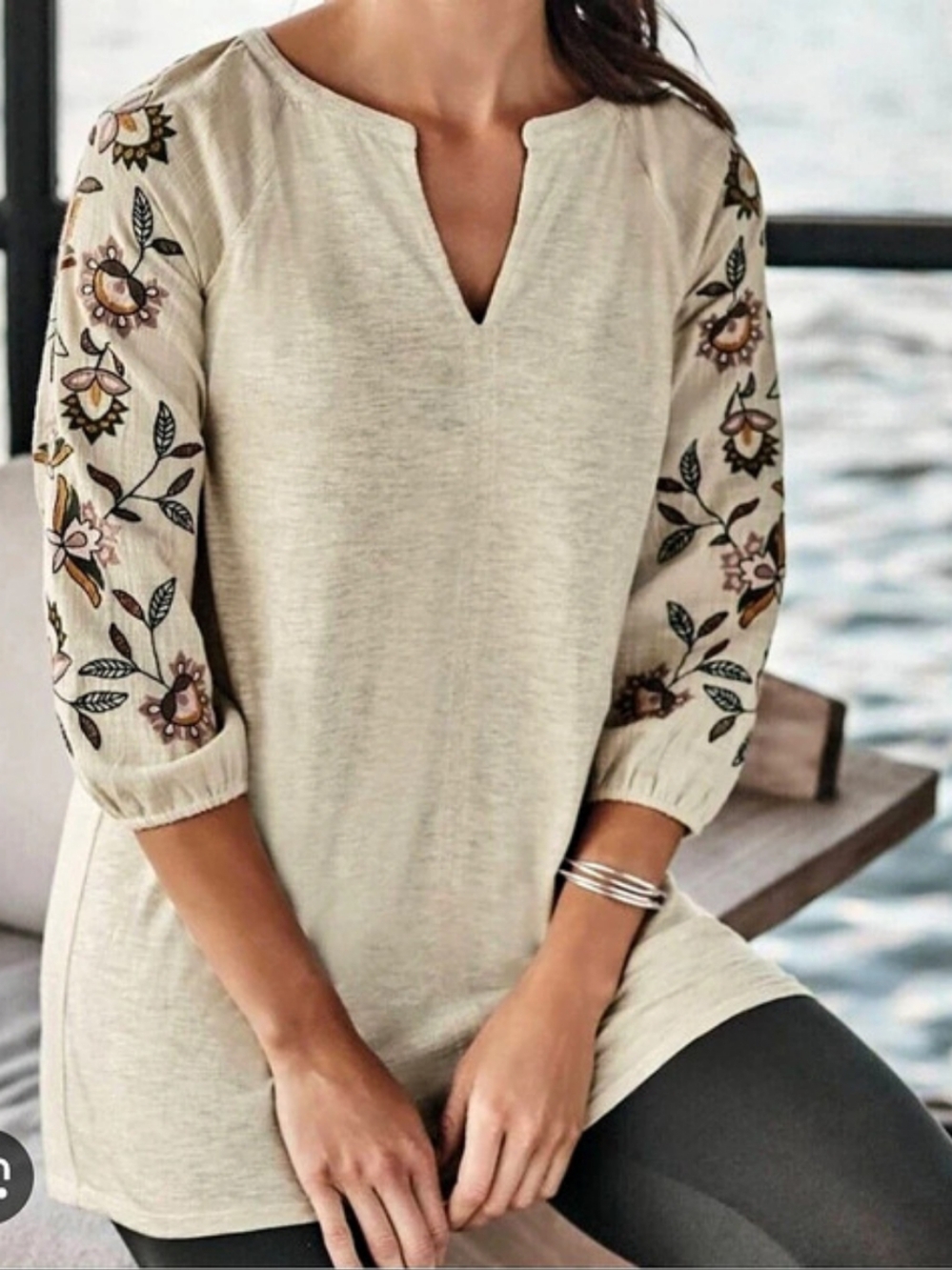 J. Jill Woven Split V-Neck 3/4 Floral Embroidery Sleeve Top Floral Sleeve